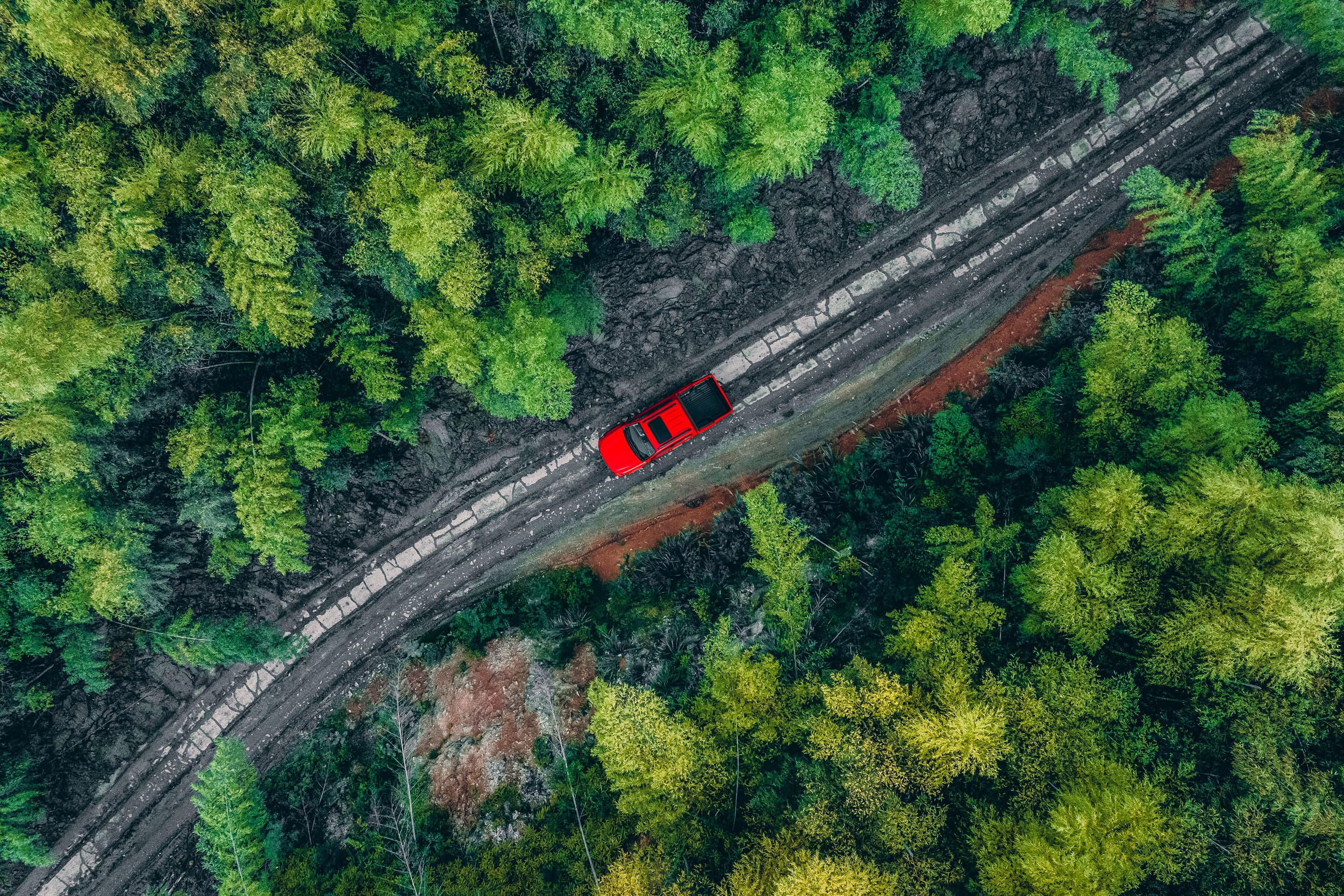 Maxus T60 MAX driving in a forest - sky view (chinese red)